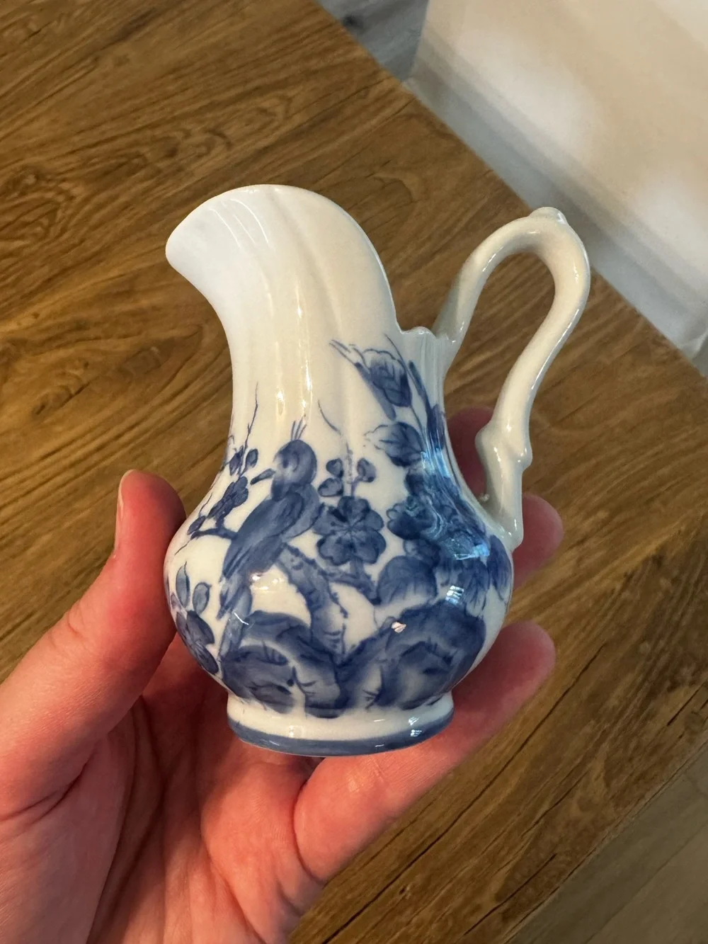 Vintage Miniature Blue & White Milk Jug Pitcher Bird Flower Motif